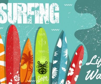 다채로운 서핑 보드 아이콘 복고풍 디자인 광고 서핑
