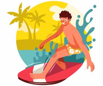 Surfing Sport Icona Divertente Cartone Animato Schizzo
