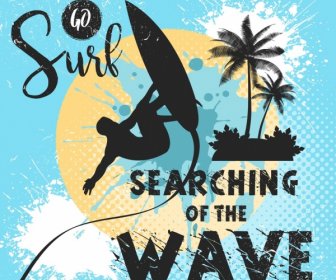 Surfing Vacation Banner Surfer Icon Silhouette Grunge Design