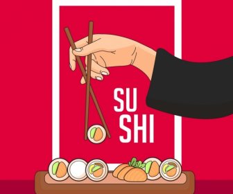 Sushi Essen Werbung Orientalischem Design Stäbchen Hand Symbole