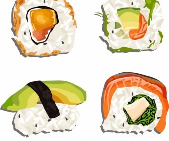Sushi Food Icons Bright Colored Classical Sketch