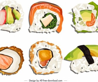 Sushi Aliments Icônes Lumineux Coloré Plat Croquis