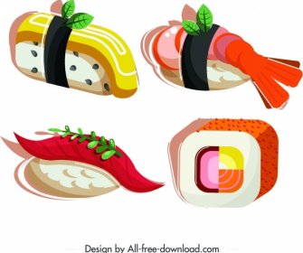 Sushi Aliments Icônes Crevette Oeuf Saumon Design Carré