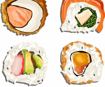 寿司料理のアイコンテンプレートカラフルな古典的なフラットスケッチ