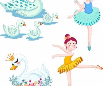 Swan Ballet Elementi Di Design Simpatici Personaggi Dei Cartoni Animati