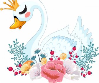 Swan Painting Colorful Classical Sketch Flowers Ornament