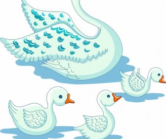 Swans Flock Painting Colored Cartoon Sketch