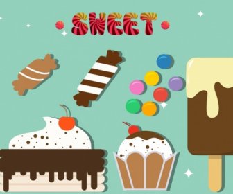 Sweet Food Design Elements Cream Candies Cakes Icons