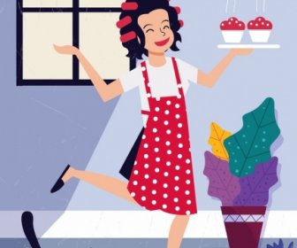 Sweet Home Background Happy Housewife Icon Cartoon Character