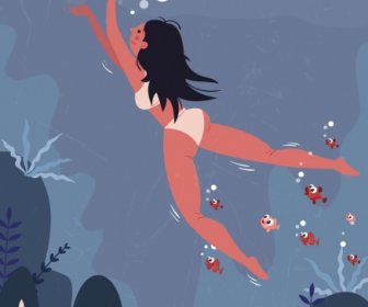 Il Nuoto Background Bikini Donna Pesce Icone Colorate Di Cartone