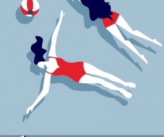 水泳ビキニ女性たちのアイコンの背景色の漫画デザイン