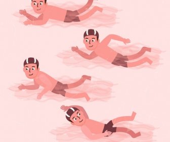 Swimming Background Male Icons Colored Cartoon Characters