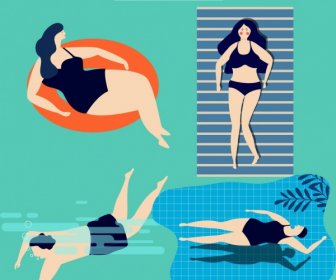 Swimming Human Icons Colored Cartoon Design