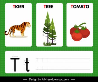 T 알파벳 교육 템플릿 호랑이 나무 토마토 아이콘