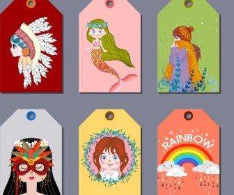 Tag-Vorlagen Mädchen Regenbogen Stamm Meerjungfrau Maske Symbole