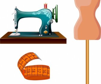 Tailor Design Elements Sewing Machine Ruler Mannequin Icons