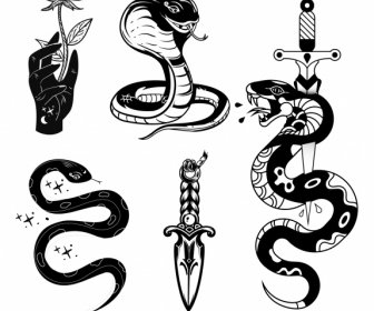 Tatoo Elements Icons Classic Snake Sword Rose Sketch