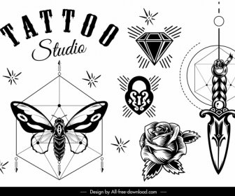 Tattoo Decor Elements Black White Symbols Sketch