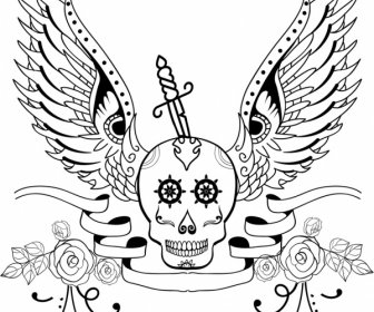 Tatuaje Calavera Alas Espada Decoracion Icono Sketch