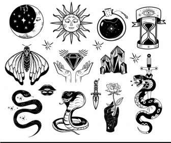татуировка иконки черно-белые нарисованные вручную символы эскиз