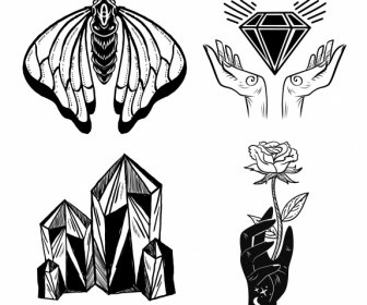 Tattoo Icons Black White Insect Diamond Rose Sketch