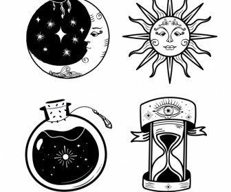 Ikon Tato Sketsa Botol Pasir Matahari Bulan Datar