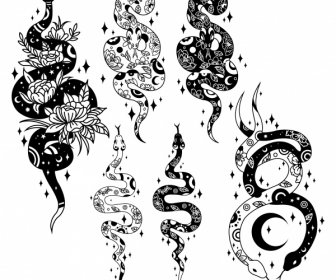 Tattoo Snakes Icons Flat Classical Sketch
