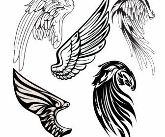 Tattoo Flügel Ikonen Schwarz Weiß Klassisch Handgezeichnet