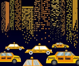 Carros De Propaganda De Táxi Ao Luar ícones De Edifícios Da Cidade