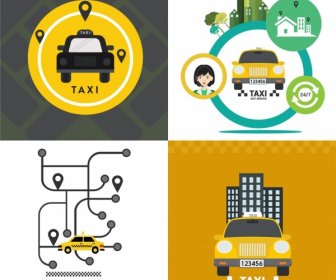 Taxi Advertisement Sets Yellow Car Navigation Service Icons