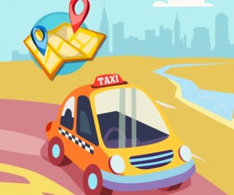 Taksi Reklam Afiş Araba Haritası Simgeleri Renkli Tasarım
