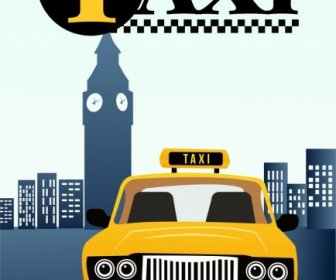 Taksi Iklan Teks Kuning Mobil Ikon Kartun Berwarna