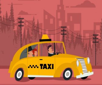 出租车广告黄色轿车粉红色背景彩色卡通