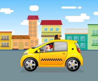 Taxi Advertising Yellow Car Town Colored Cartoon Design
