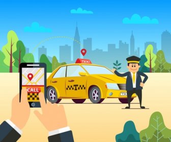 Taxi Application Advertising Smartphone Car Driver Icons Decor