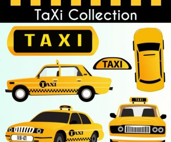 Taxi Car Icons Collection Yellow Decor Various Views