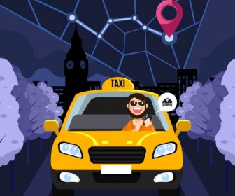 Taxi Job Banner Map Car Icons Cartoon Design