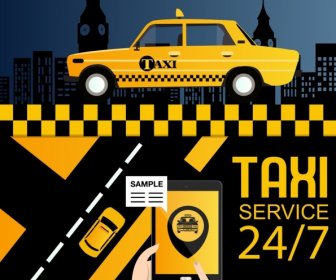Taxi Service Advertisement Yellow Car Smartphone Icons Decor