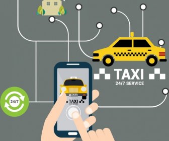 Taxi Service Advertising Smartphone Car Navigation Icons