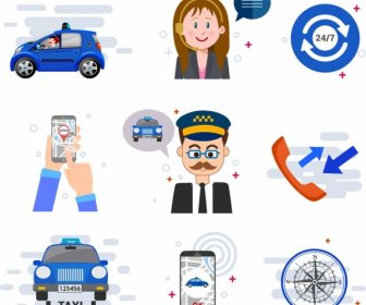 Taxi Service Design Elements Car Smartphone People Icons