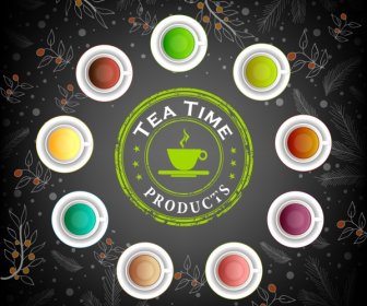 Tea Advertisement Colorful Beverage Cups Icon Flowers Backdrop