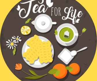 Tea Advertising Fruit Cup Pot Icons Circle Layout