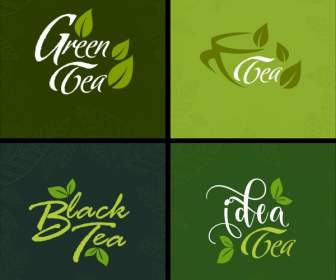 Реклама чая устанавливает зеленые листья иконы каллиграфические украшения