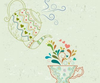 Teekunst Pot Cup Symbole Umriss Zeichnen