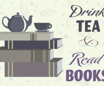 Tea Break Banner Book Stack Cup Pot Leaf Icons