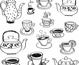 Tea Cup Pot Icons Black White Handdrawn Sketch