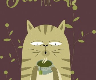 ใบชาเวลาแมวแบนเนอร์ไอคอนถ้วยน้ำชา