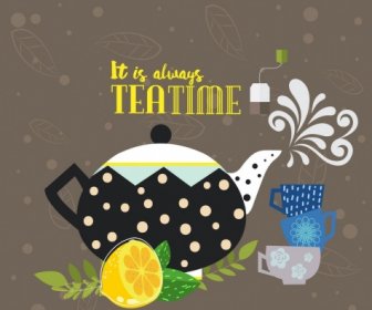 Zeit Banner Klassisches Design Teekanne Tasse Zitronensaft Symbole