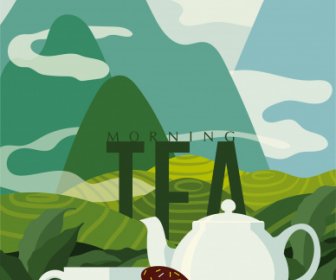 Tea Time Banner Classical Elegant Mountain View Sketch