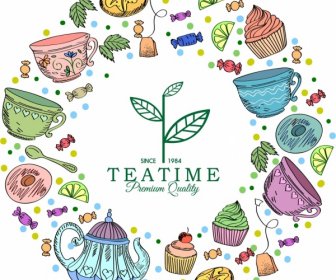 Tea Time Banner Colorful Classical Icons Circle Layout